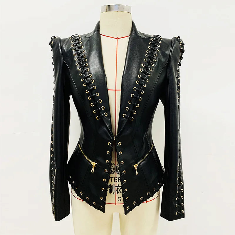 V-Neck Corns Metal Leather Jacket Tight Black Zipper Short Women's Clothing