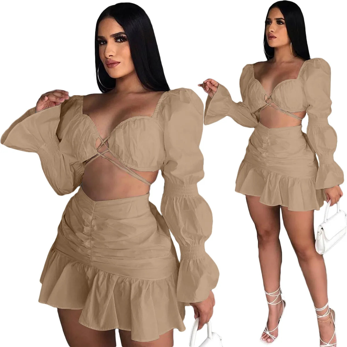 Pleated Skirt Two-Piece Suit  Lantern Sleeve Skirt Two Piece Set