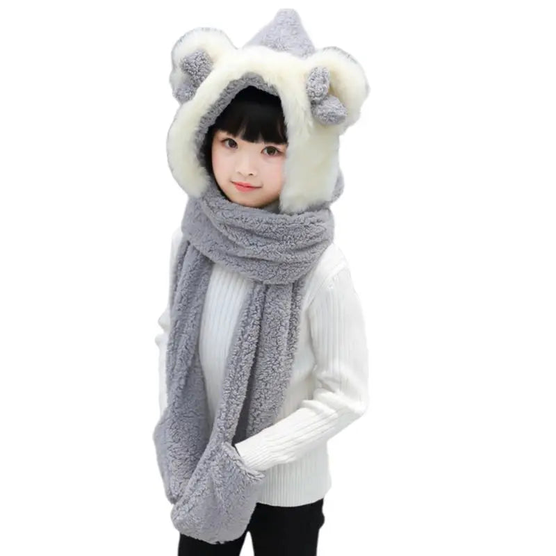 Warm Plush Winter Hat Cute Bowknot Bear Ears Scarf Gloves Hoodie Cap