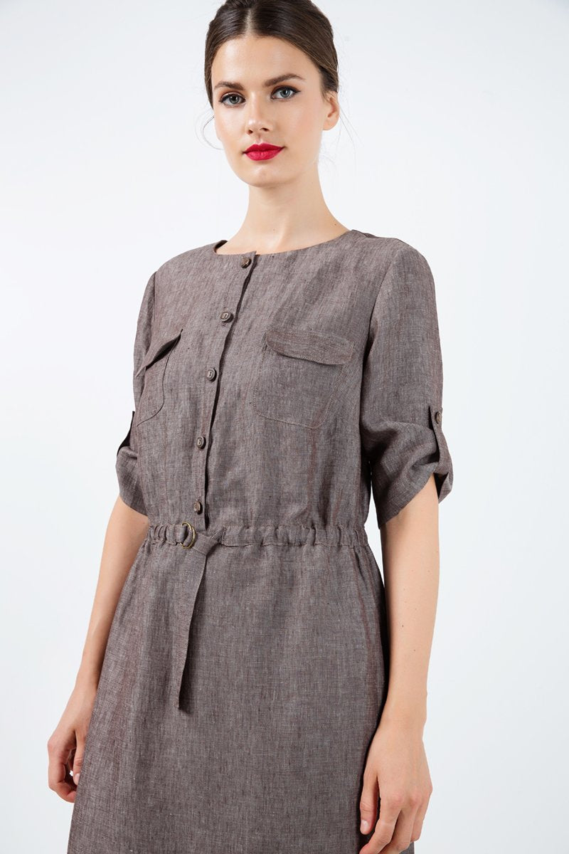 Straight Brown Linen Dress With Belt Detail