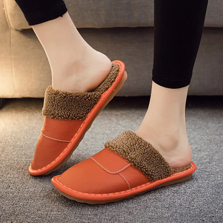 Winter Leather Plush Home Slippers for Men Unisex Comfortable Slippers