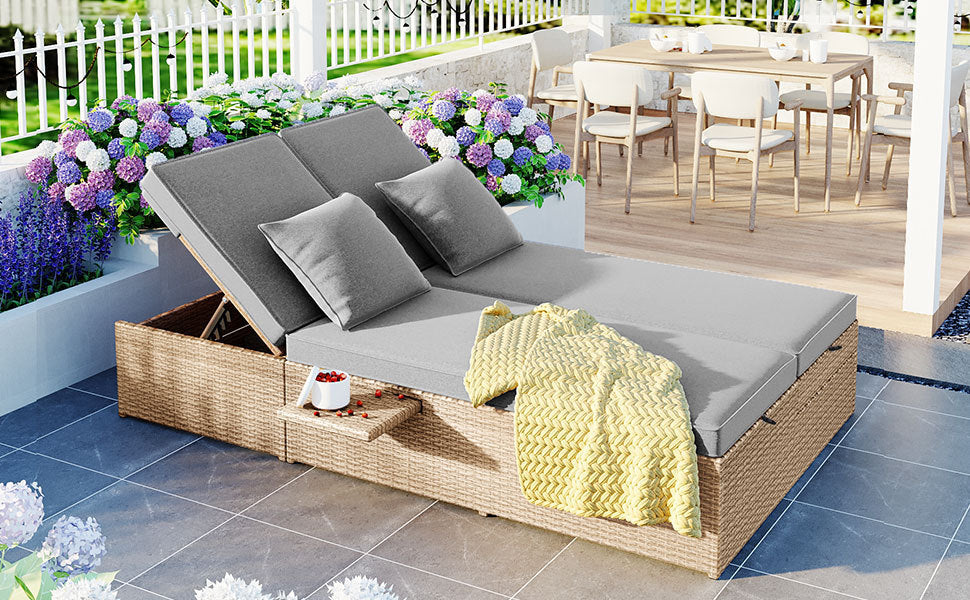 Outdoor Double Sunbed, Wicker Rattan Patio Reclining Chairs