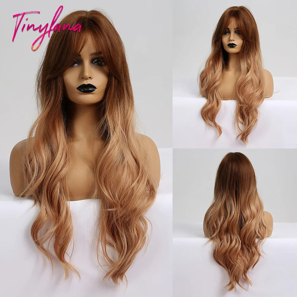 Synthentic Wavy Wigs Brown Blonde Middle Part Wigs With Bangs