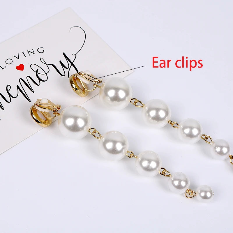 Trendy Vintage Long Simulated Pearl Dangle Clip on Earrings