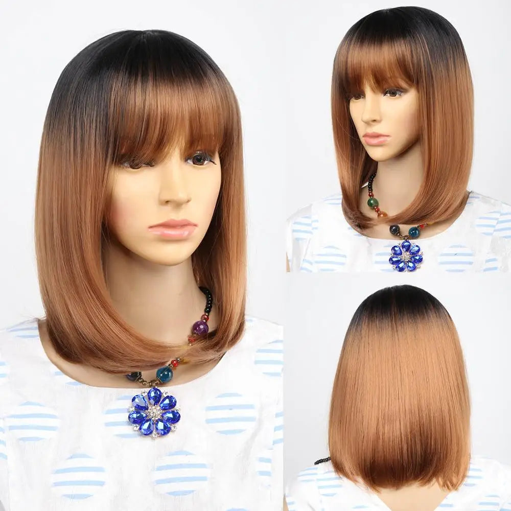 Straight Black Synthetic Wigs With Bangs Hair Bob Wig Heat Resistant