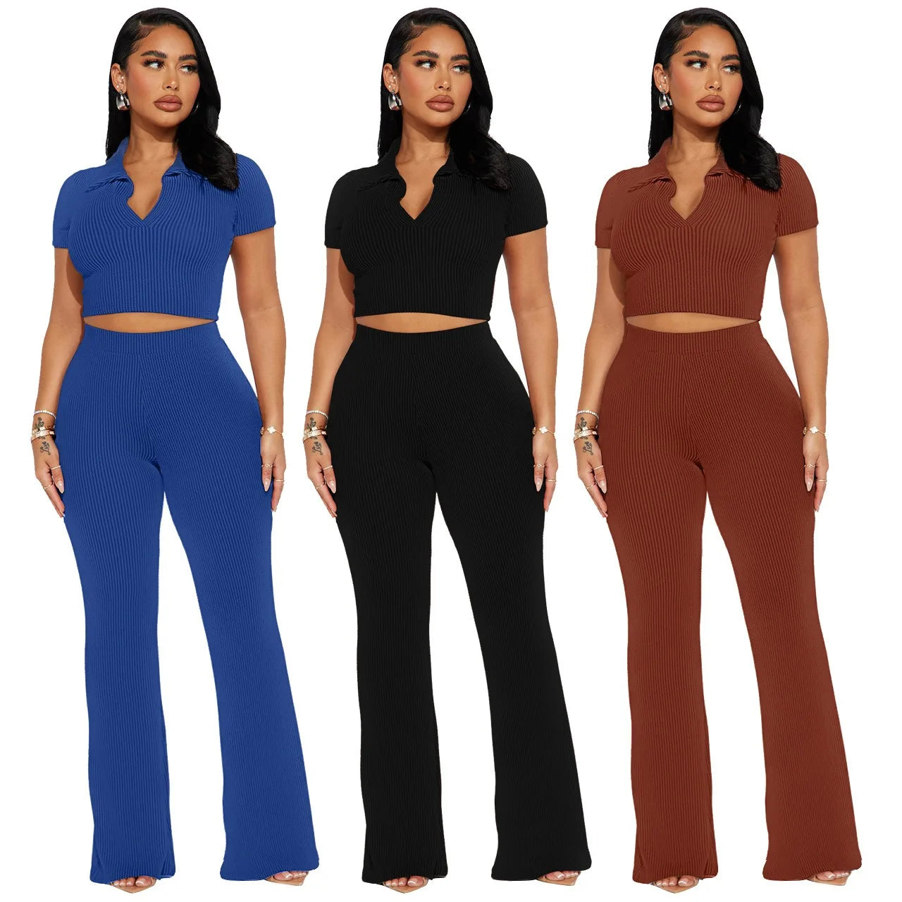 Summer Women's O Neck Short Sleeve Two Piece Sets Wide Leg Pant Suit