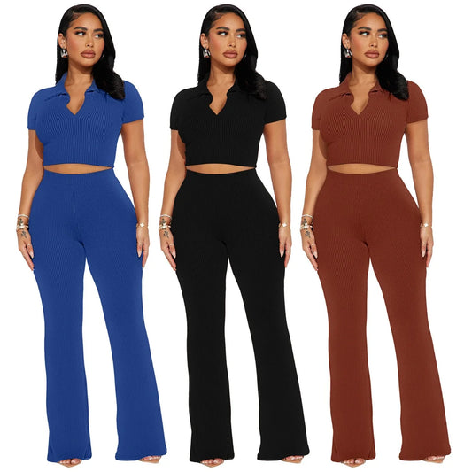 Summer Women's O Neck Short Sleeve Two Piece Sets Wide Leg Pant Suit