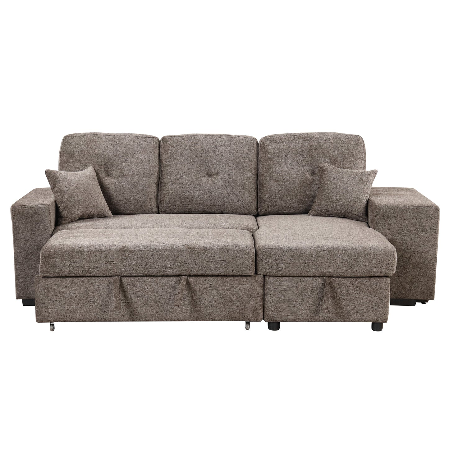 Reversible Sleeper Sectional Sofa Bed With Side Shelf and 2 Stools