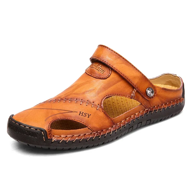 Summer Men's Leather Sandals Slides Breathable Outdoor Beach Slippers