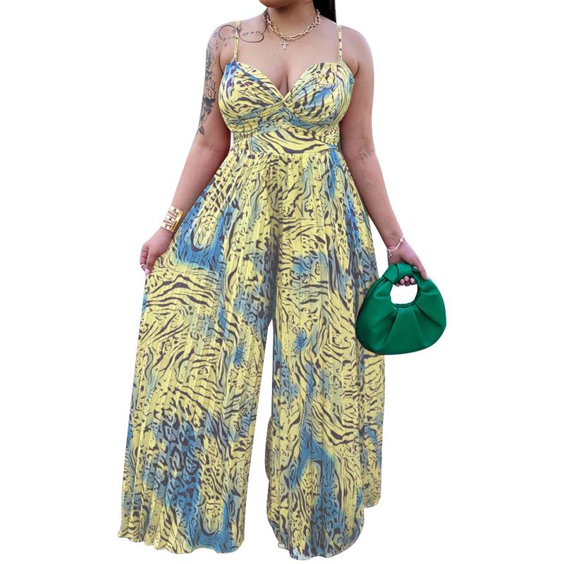 Women's Clothing Printed Drawstring Pleated Jumpsuit