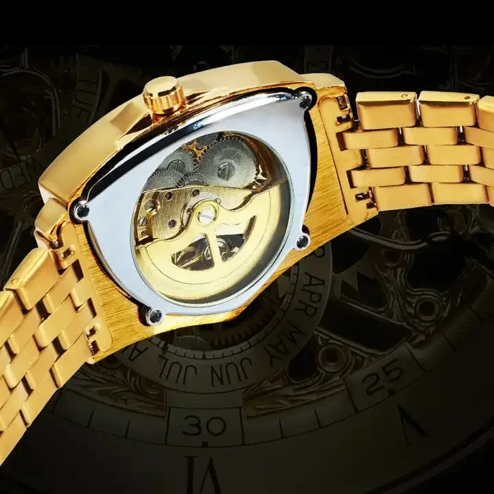 Skeleton Gold Watch Men Automatic Mechanical Wristwatch Stainless Steel Watch