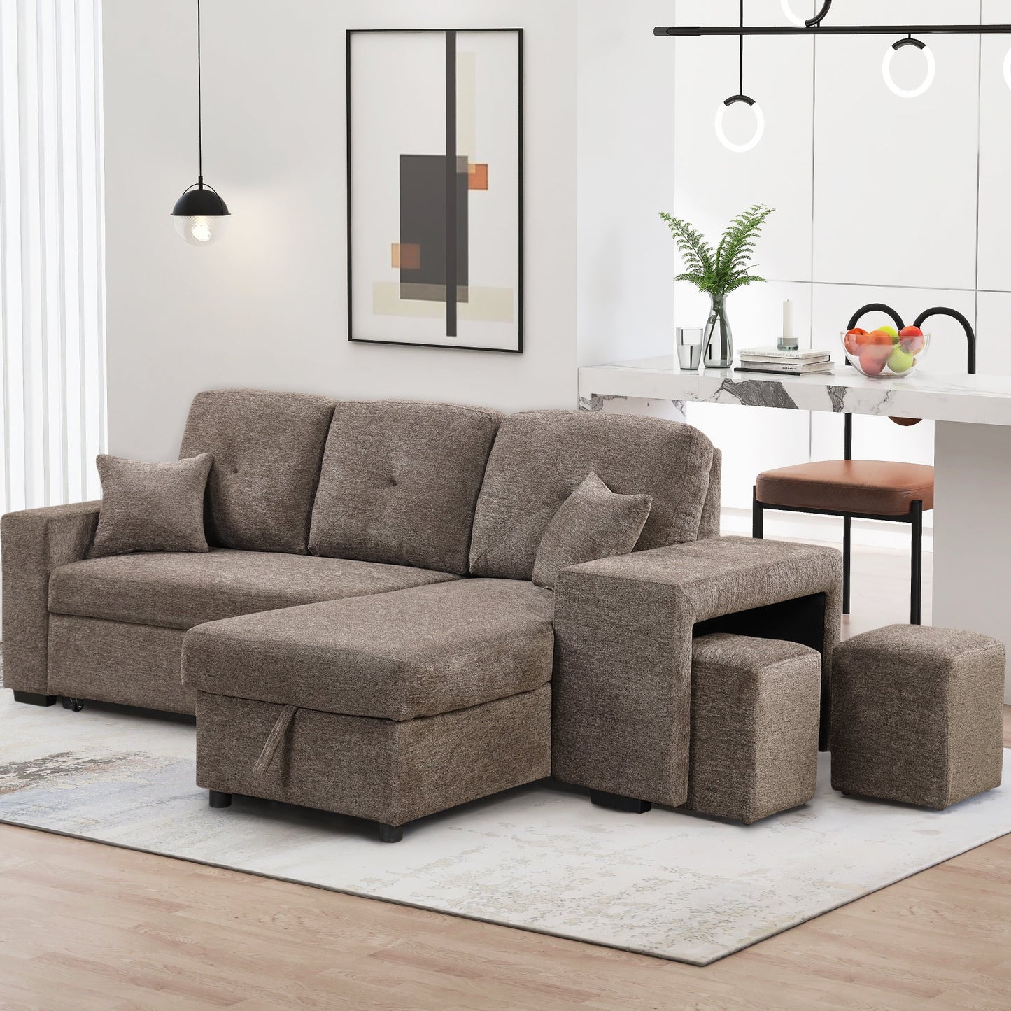 Reversible Sleeper Sectional Sofa Bed With Side Shelf and 2 Stools