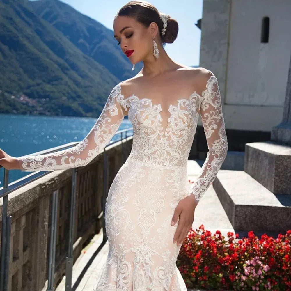 Mermaid Wedding Dress Long Sleeve Sexy  See Through Back Abito Sposa