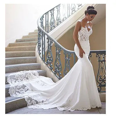 Mermaid Wedding Dress Sleeves Vintage Lace Neck Bridal Gown Backless Gown