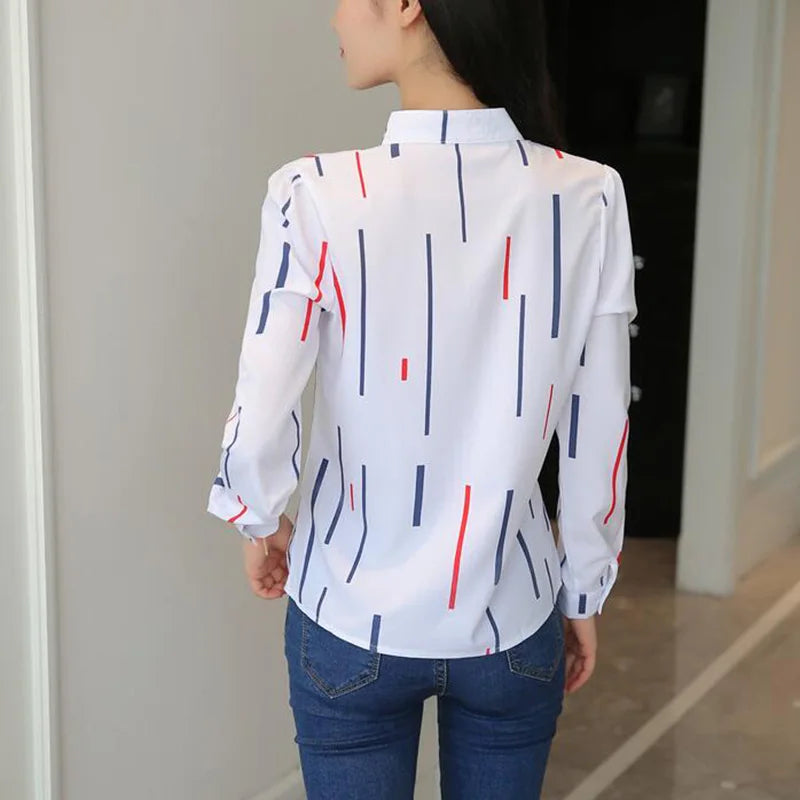 Spring Women White Blouses Fashion Stripe Print Casual Long Sleeve