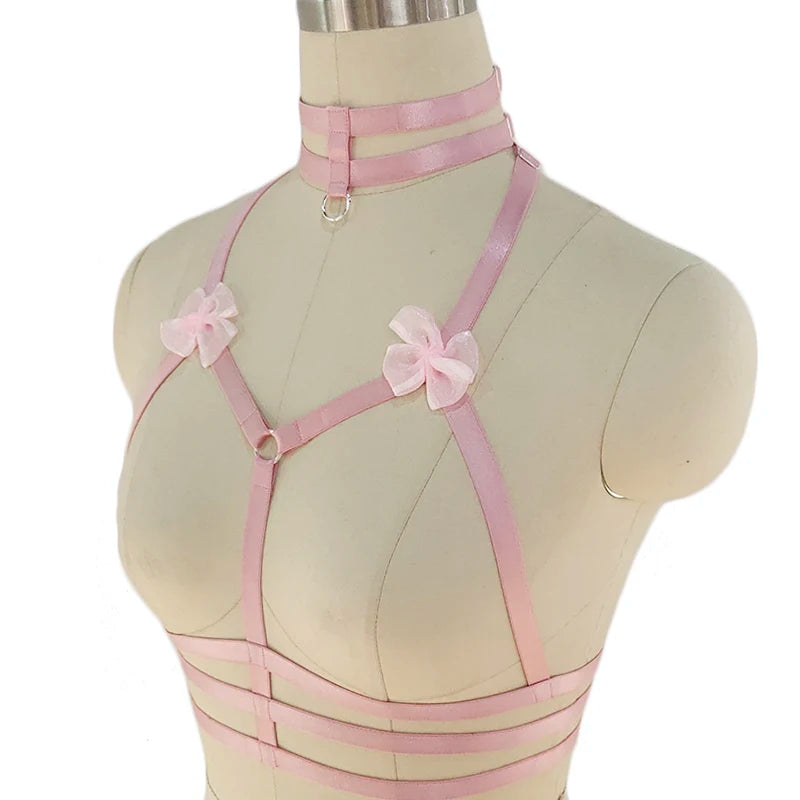 Original Design Pink Collar Bow Harness Bra Kawaii Open Chest Bondage Body Cage