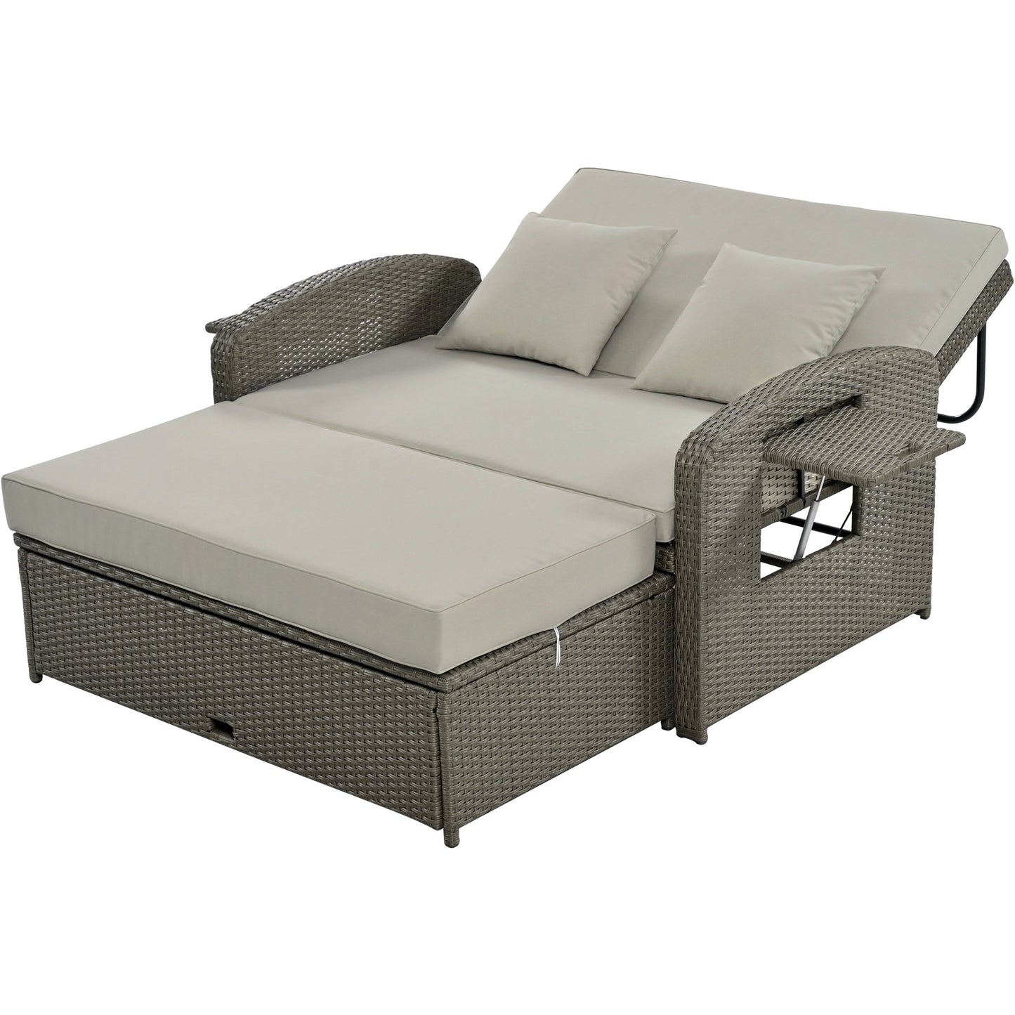 PE Wicker Rattan Double Chaise Lounge, 2-Person Reclining Daybed