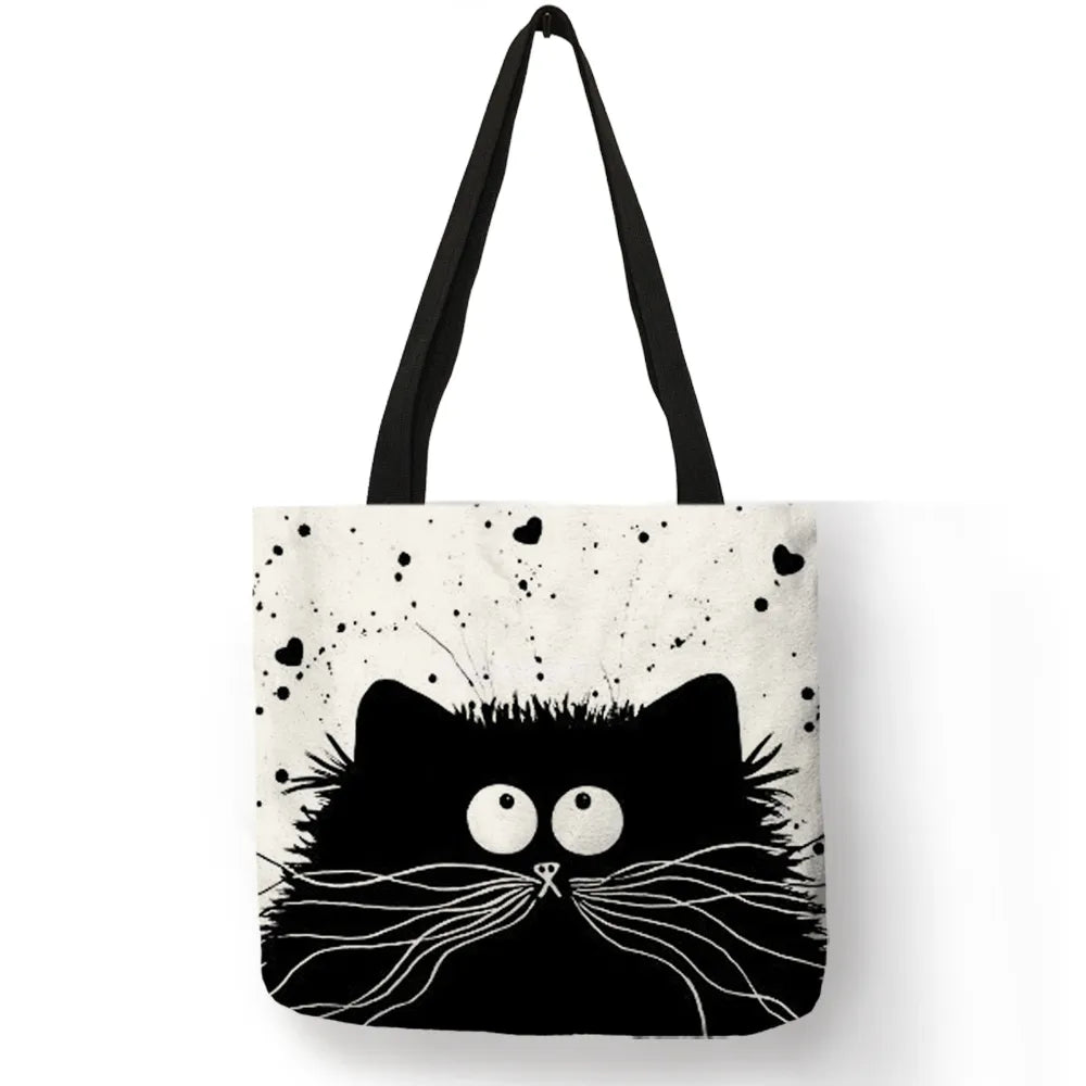 Tote Shopping Bag Cute Cat Printing Women Handbag Linen Totes