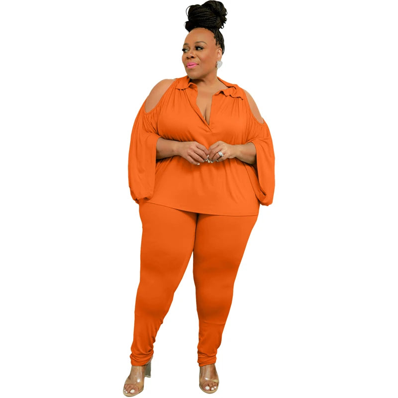 Trendy Women Lounge Wear Plus Size Off Shoulder T Shirt Leggings 2 Piece Pants