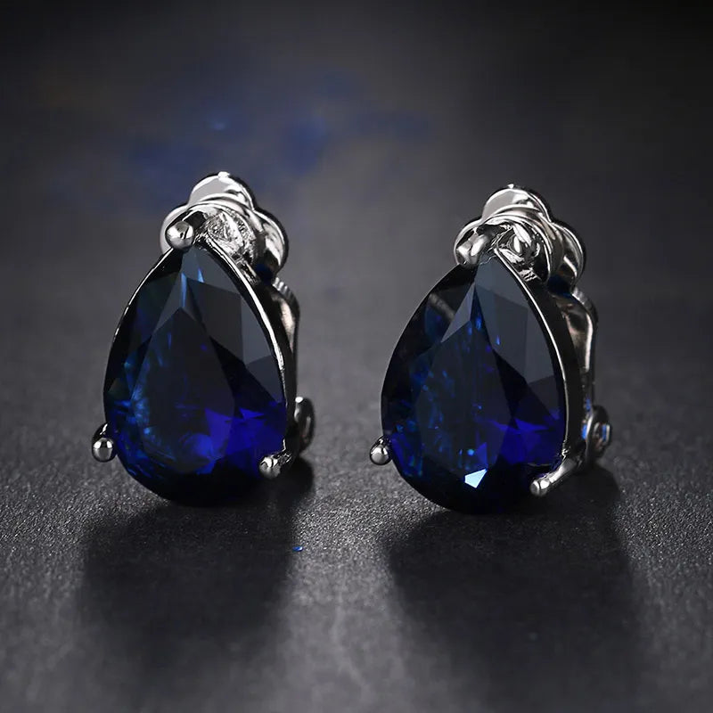 Water Drop Cubic Zirconia Clip  Elegant Blue Stone Earrings