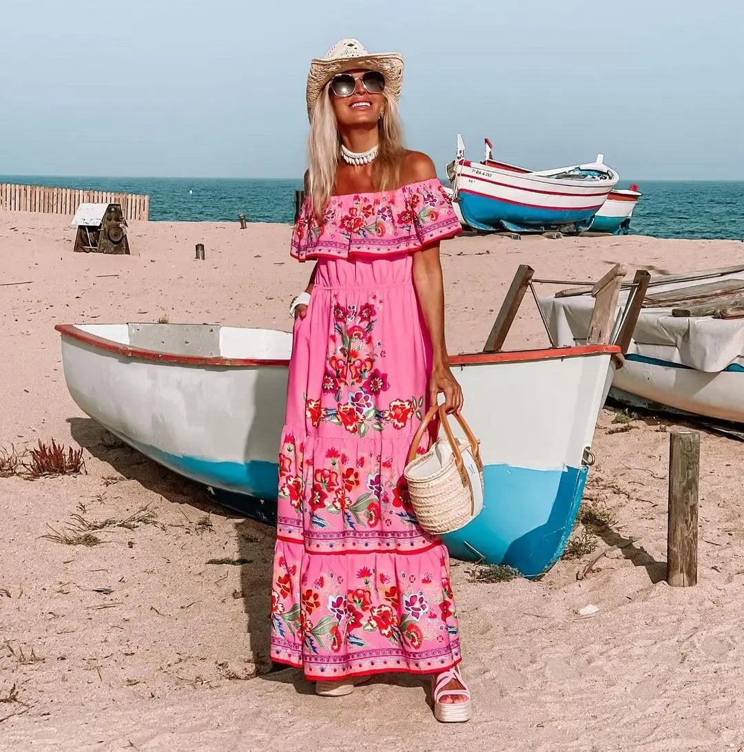 Summer Floral Print Off Shoulder Women Mexican Dress