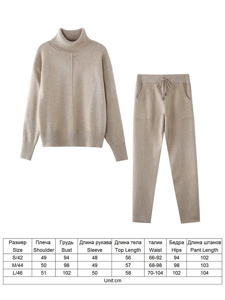 Women's Woolen Knitted Suit High Collar Sweater + Pants Loose Style