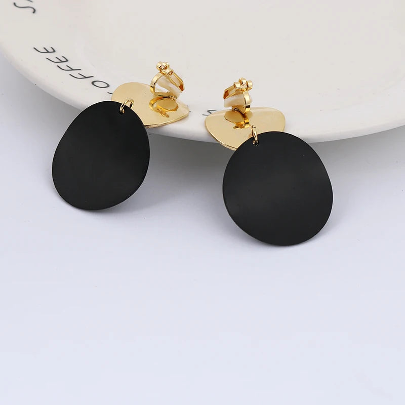 Non Pierced Clip on Earrings Gold Black Metal Round Disc Statement Ear Clips