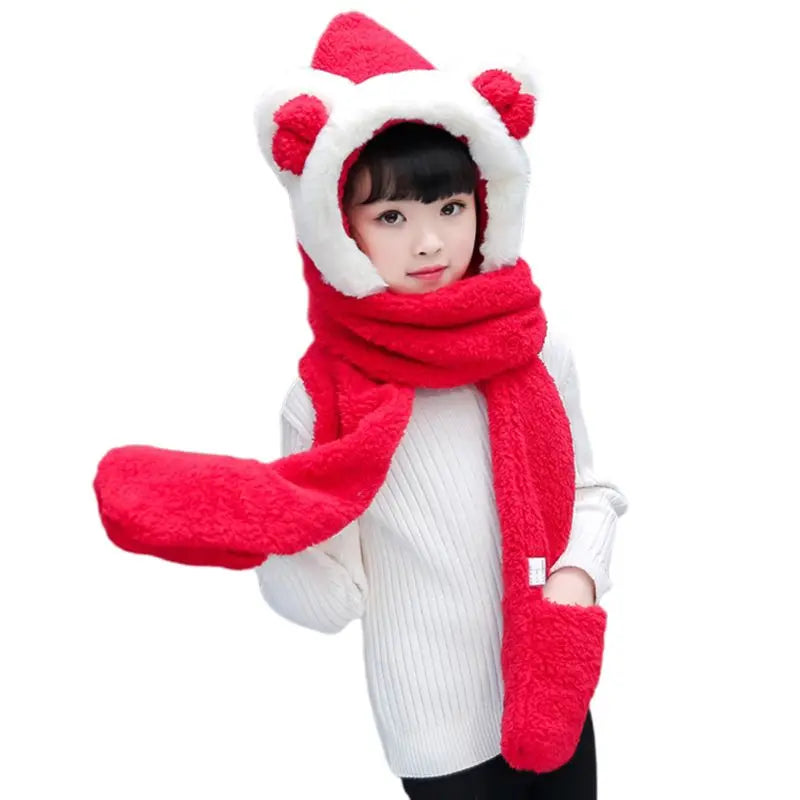 Warm Plush Winter Hat Cute Bowknot Bear Ears Scarf Gloves Hoodie Cap