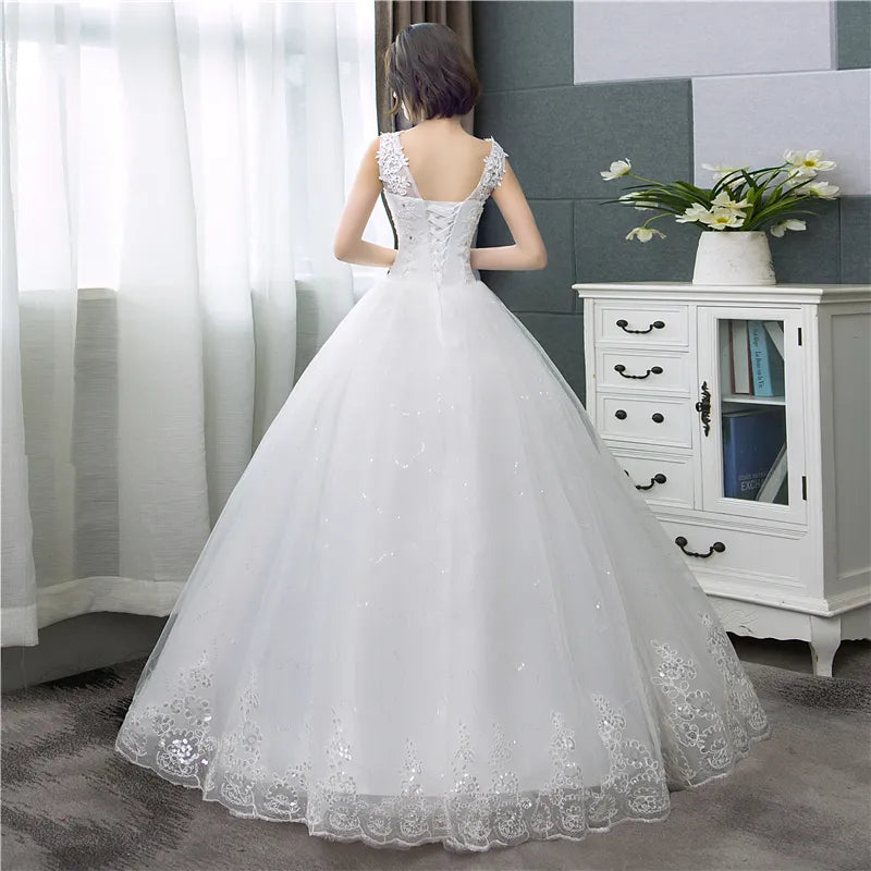 Style V-Neck Lace Tank Sleeveless Floral Print Ball Gown Ivory Wedding Dress