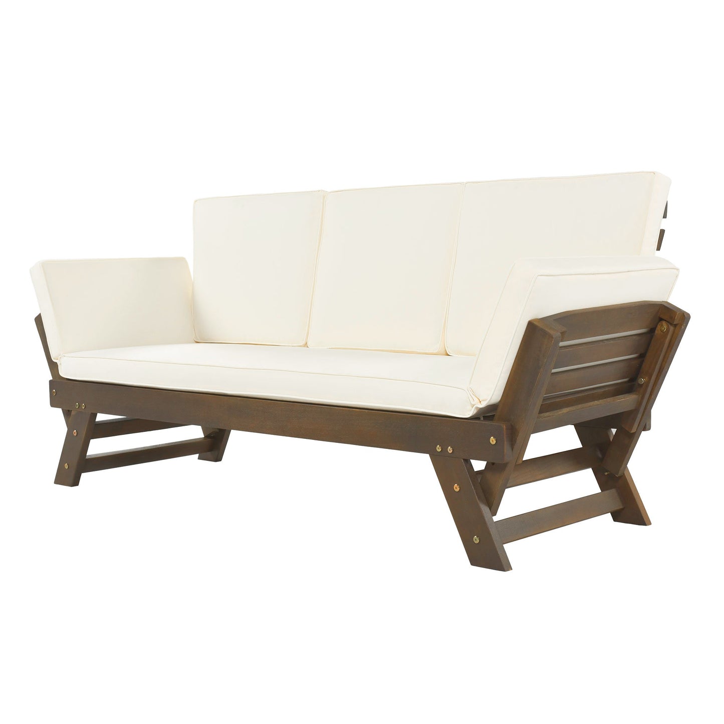 Outdoor Adjustable Patio Wooden Daybed Sofa Chaise Lounge With Cushions