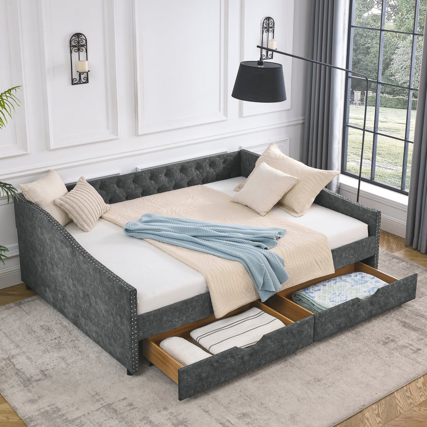 Queen Size Daybed With Drawers Upholstered Tufted Sofa Bed