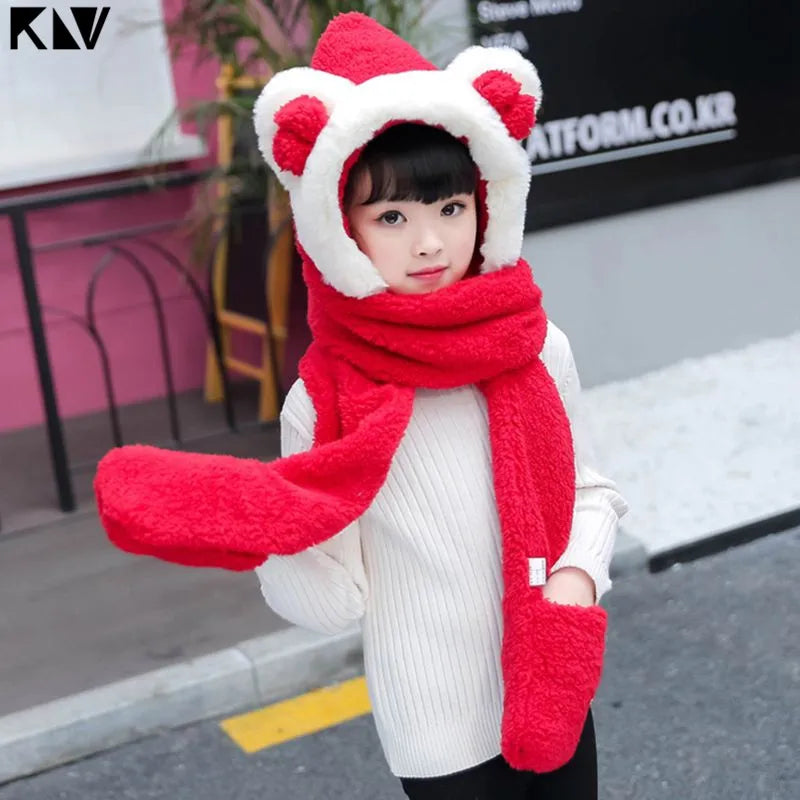 Warm Plush Winter Hat Cute Bowknot Bear Ears Scarf Gloves Hoodie Cap