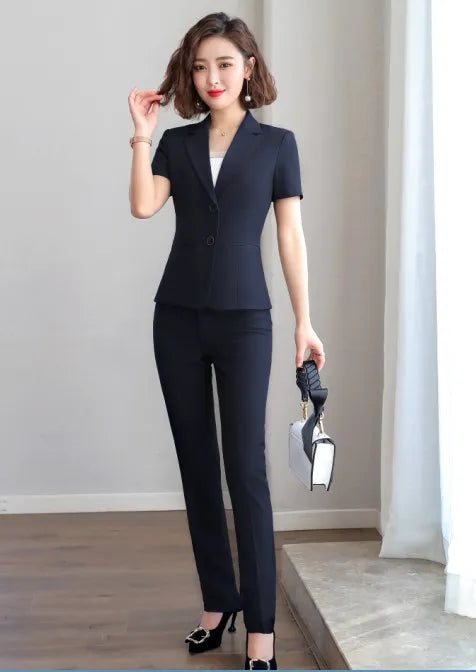 Short Sleeve Slim Blazer and Trousers Office Ladies Work Wear