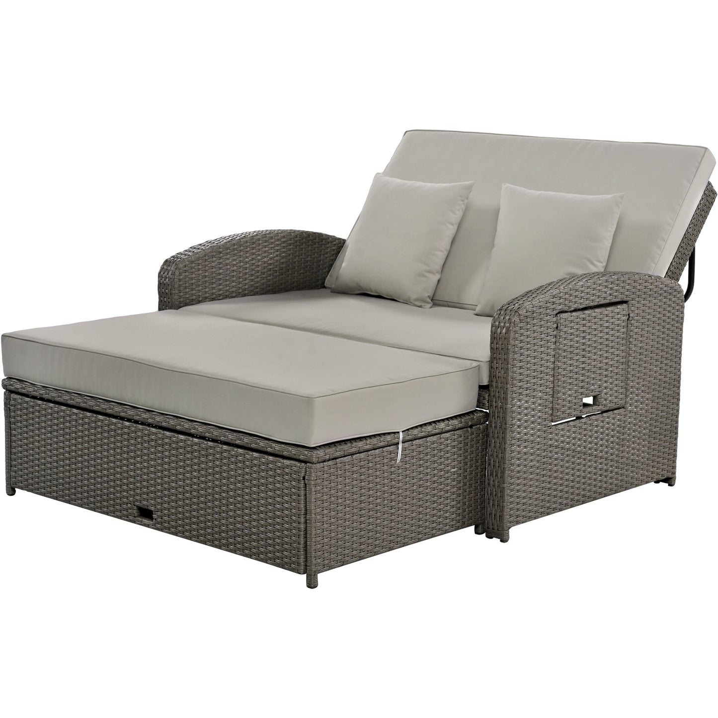 PE Wicker Rattan Double Chaise Lounge, 2-Person Reclining Daybed