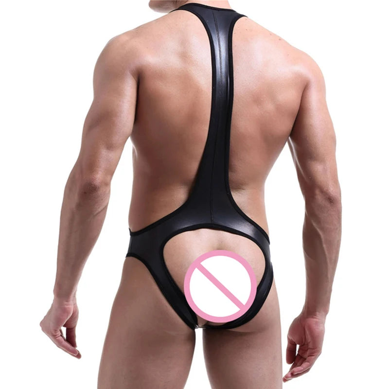 Mens Bodysuit Jock Strap PU Leather Open Back Lingerie Latex Catsuit