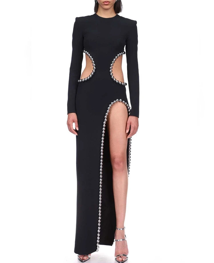 Women Elegant Long Sleeves Sexy Beaded Hollow Out Bandage Long Evening Dresses