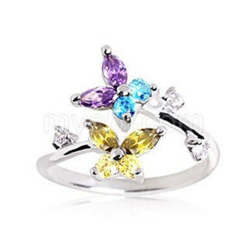 .925 Sterling Silver Multi Color CZ Butterflies Toe Ring