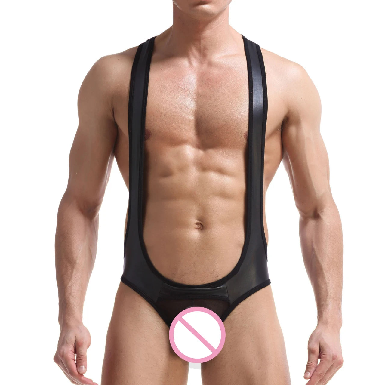 Sexy Mens Undershirts Jockstrap Mesh Open Crotch PU Leather Jumpsuits