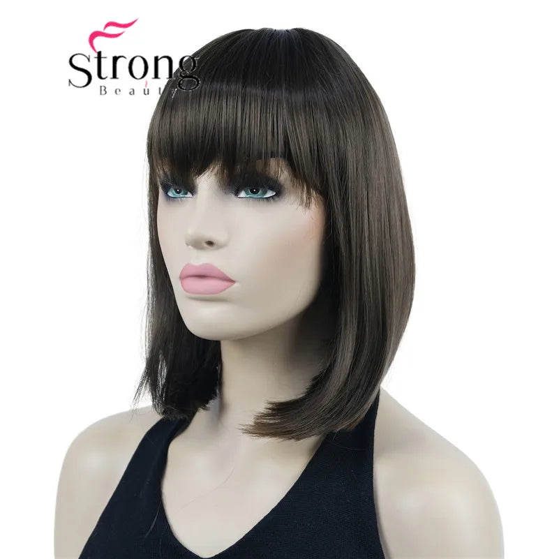 Short Straight Blonde Highlighted Bob With Bangs Synthetic Wig