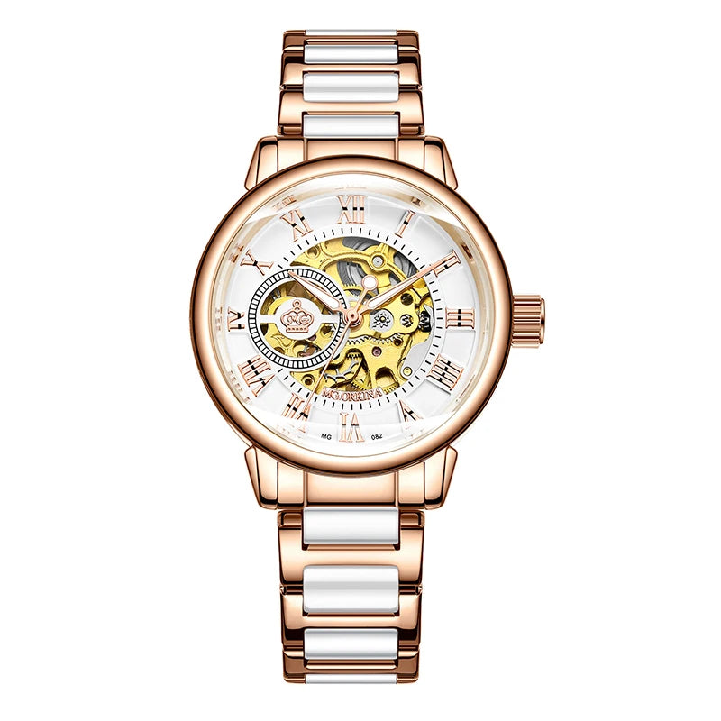 Women Bracelet Watch Skeleton Automatic Wristwatch Mesh Stainless Steel Band