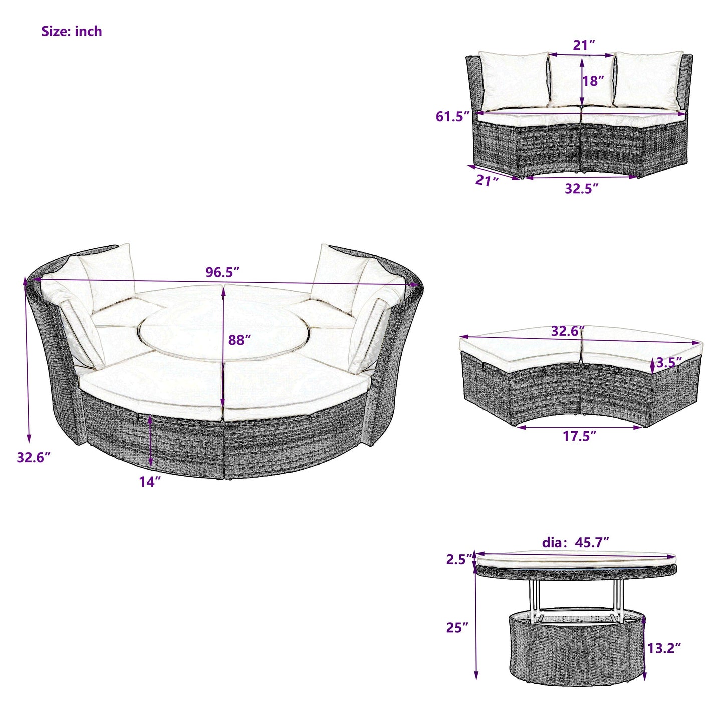 Patio 5-Piece Round Rattan Sectional Sofa Set