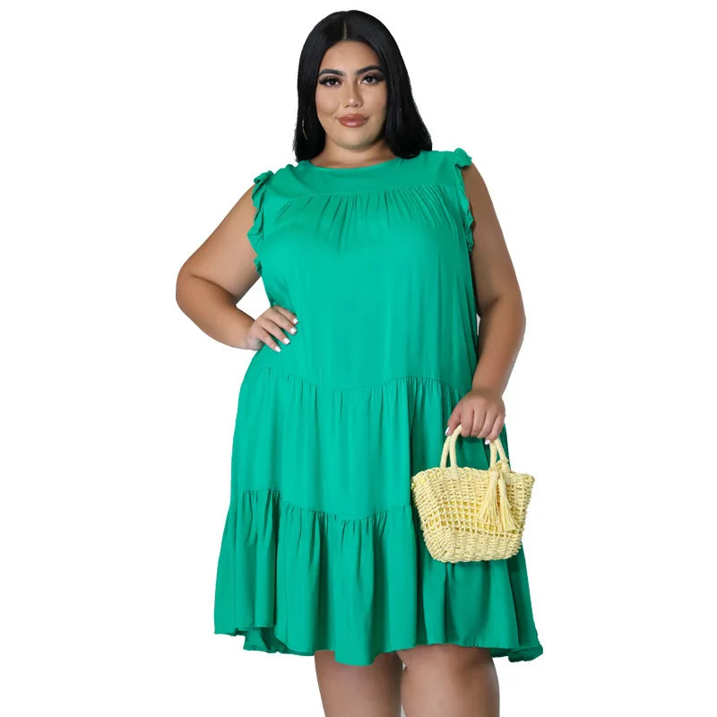 Sleeveless Dress Solid Ruffle Sleeves Dress Pleated Plus Size Women's Dress