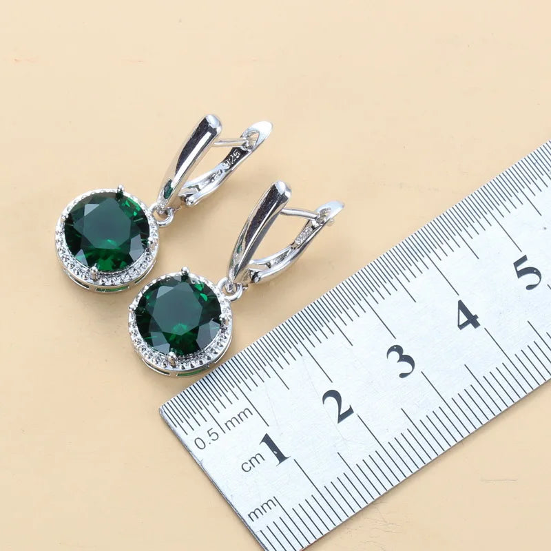 Silver Jewelry Sets Green Cubic Zirconia Necklaces Pendants Earrings and Ring