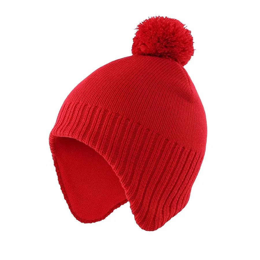 Winter Warm Hat Fleeced Lined Earflap Kids Beanie Hat With Pom-Pom