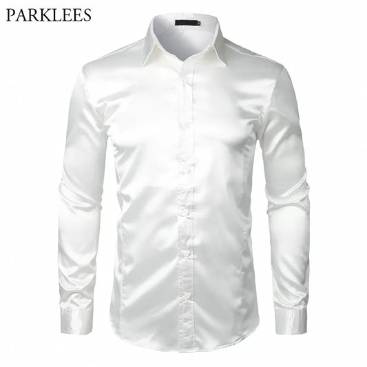 White Silk Satin Shirt Men Casual Long Sleeve Slim Fit shirts