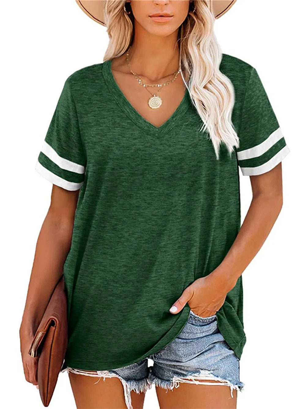 V-Neck Short Sleeve Blank Tshirts Top for Women Elegant Solid Cotton