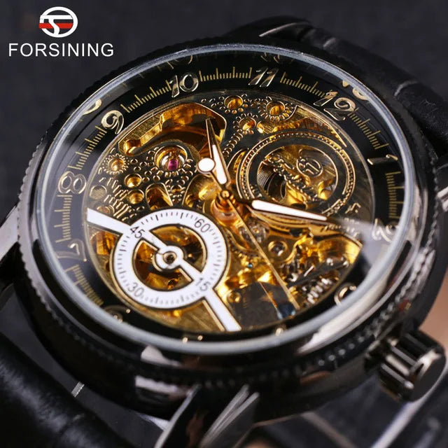 Skeleton Casual Black Golden Case Gear Bezel Watches Men Automatic Watches