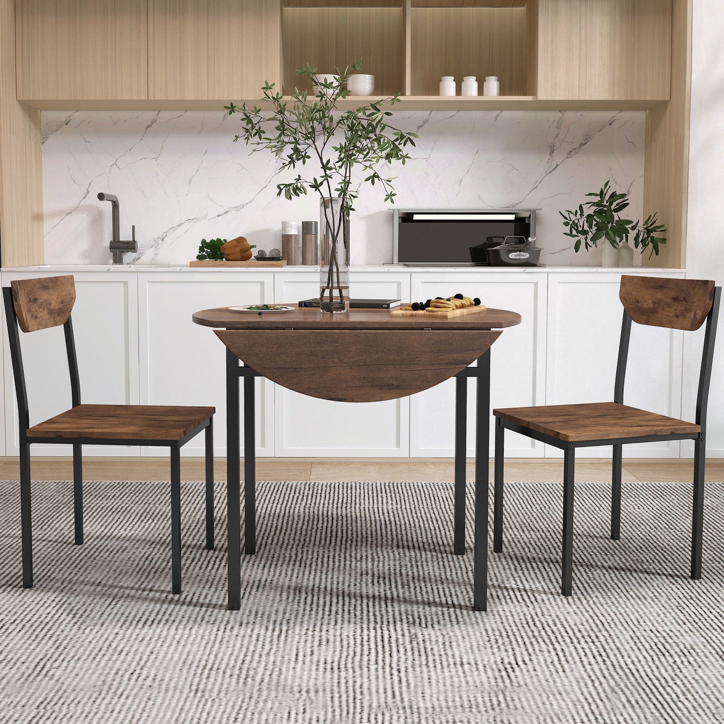 Modern 3-Piece Round Dining Table Set With Drop Leaf and 2 Chairs