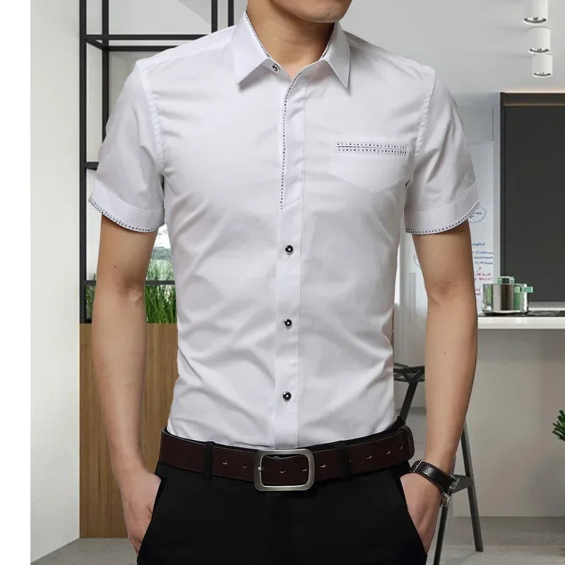 Summer Men Cotton Short Sleeves Dress Shirt Turn-Down Collar Cardigan