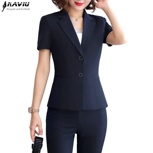 Short Sleeve Slim Blazer and Trousers Office Ladies Work Wear